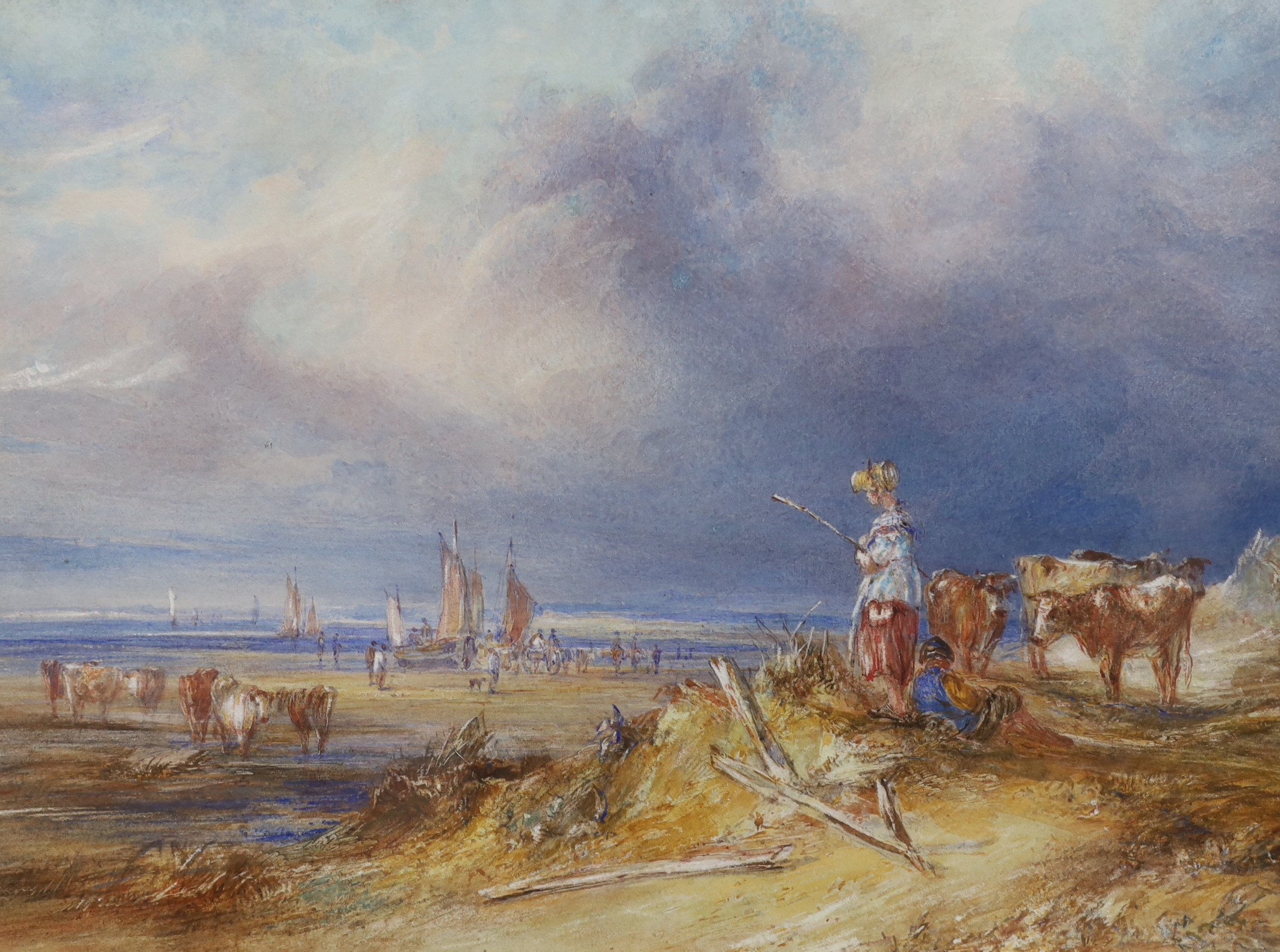 19th century English School, Cattle herders overlooking fisherfolk on the seashore, watercolour, 22 x 30cm